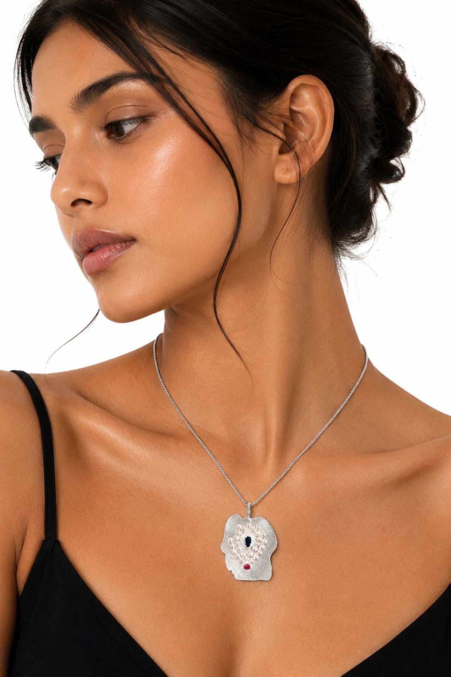 Pearl & Dual-Stone Floral Sterling Silver Pendant Necklace (Chain + Pendant Set)