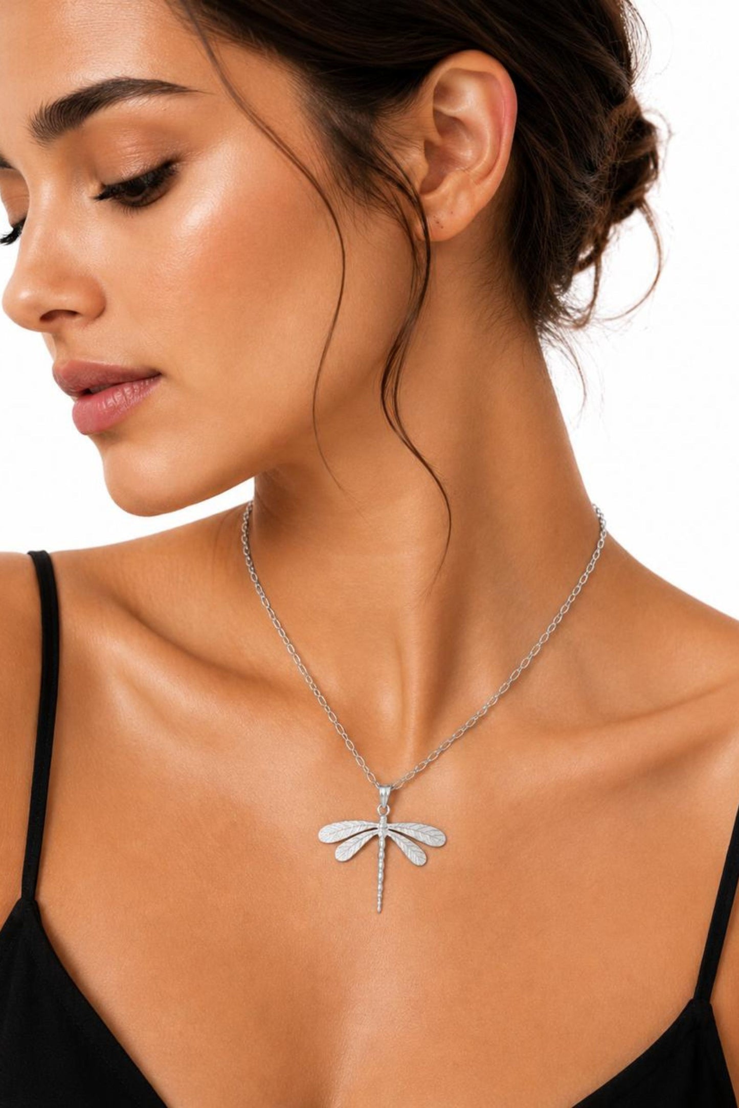 Dragonfly Motif Sterling Silver Pendant Necklace (Chain + Pendant Set)