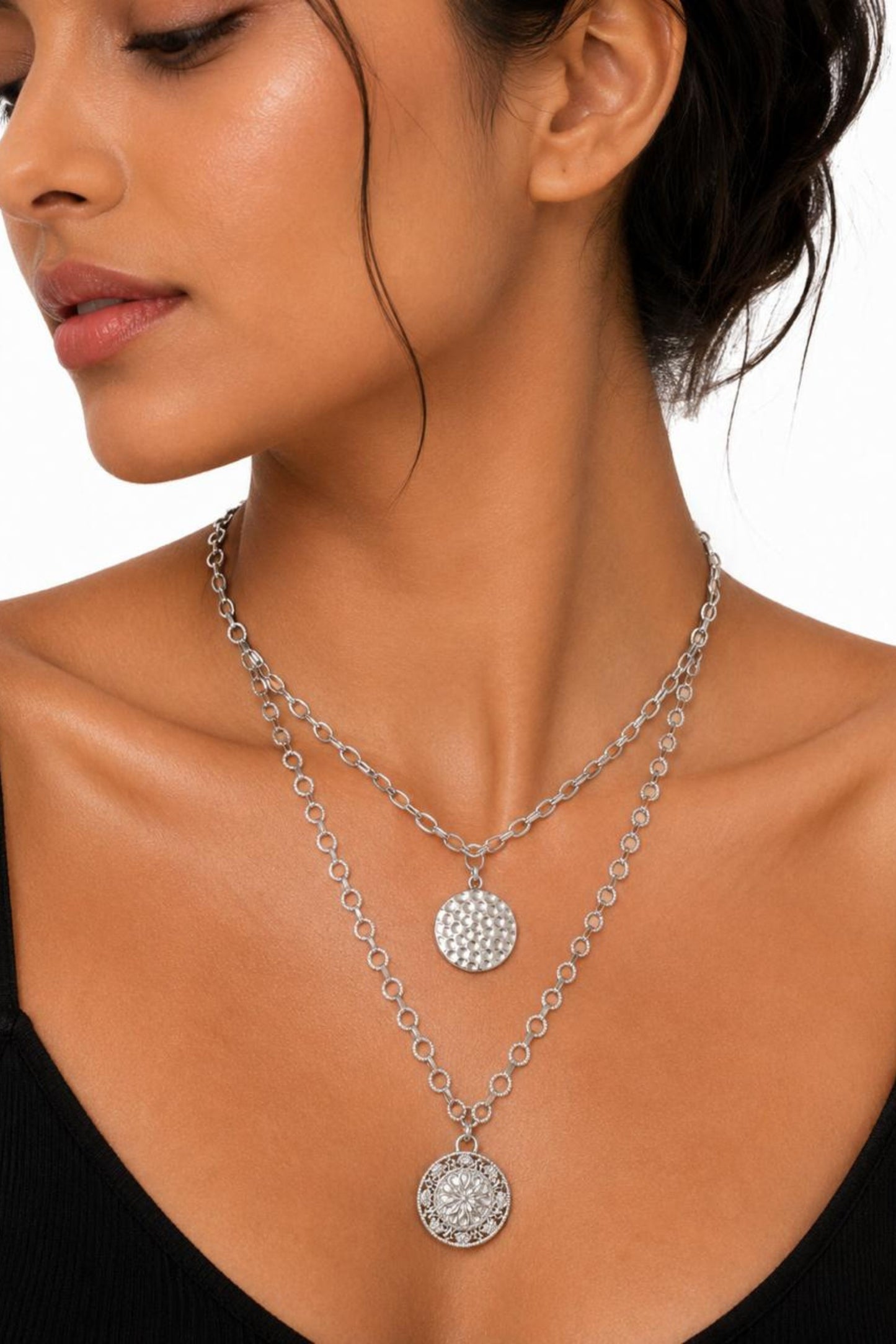Dual-Layer Coin Pendant Sterling Silver Necklace Set (2 Chains + Pendants)