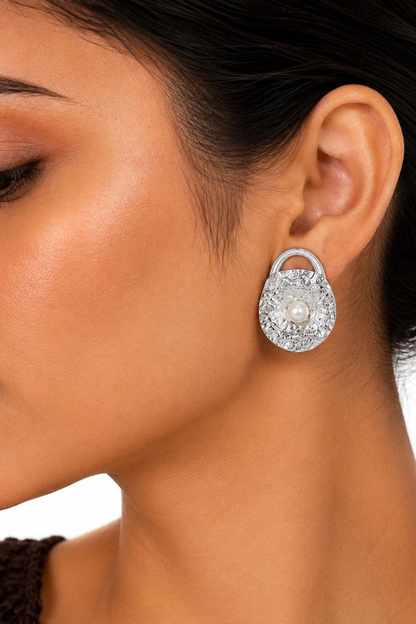 Textured Oval Pearl Accent Sterling Silver Drop Earrings