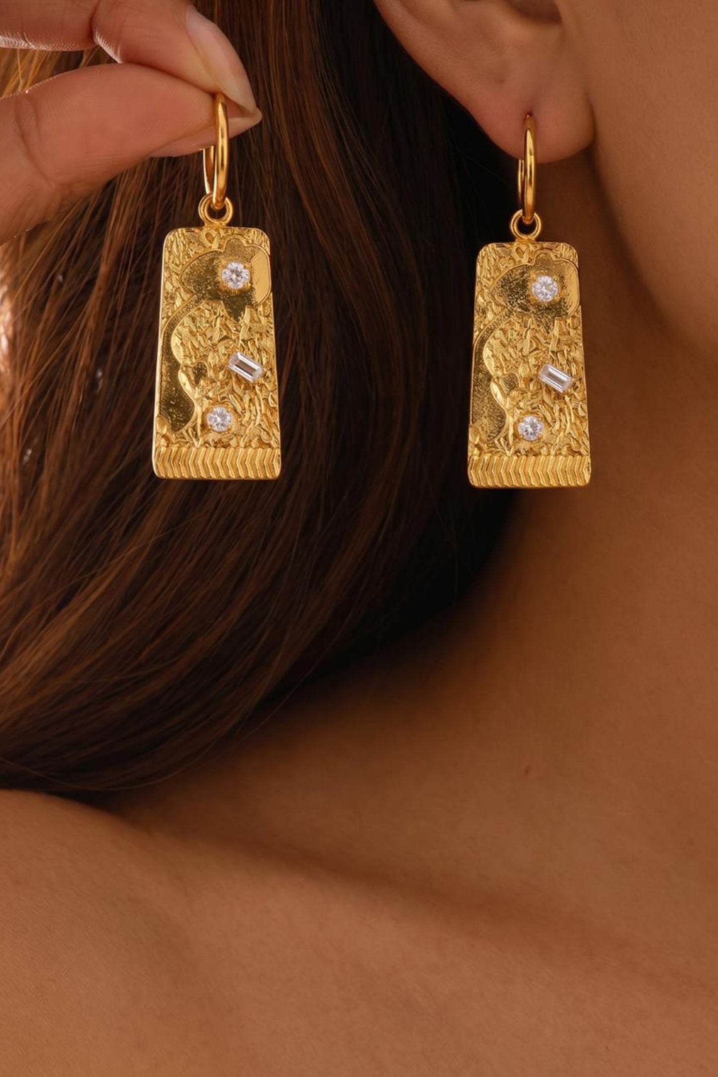 Gold Polish Floral Textured Sterling Silver Drop Earrings with Crystal Accents