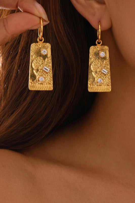 Gold Polish Floral Textured Sterling Silver Drop Earrings with Crystal Accents