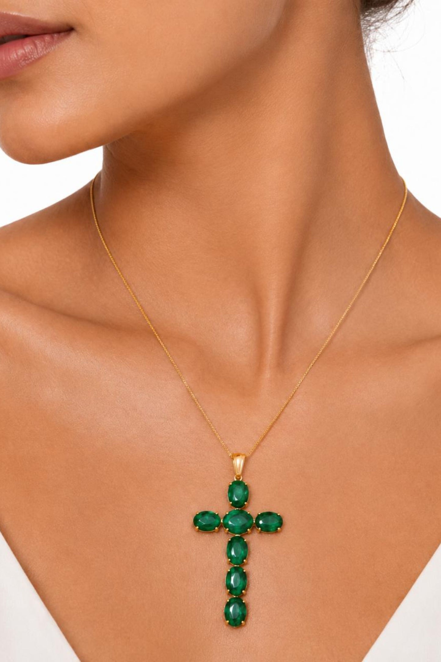 Emerald Cross Gold Polish Sterling Silver Pendant