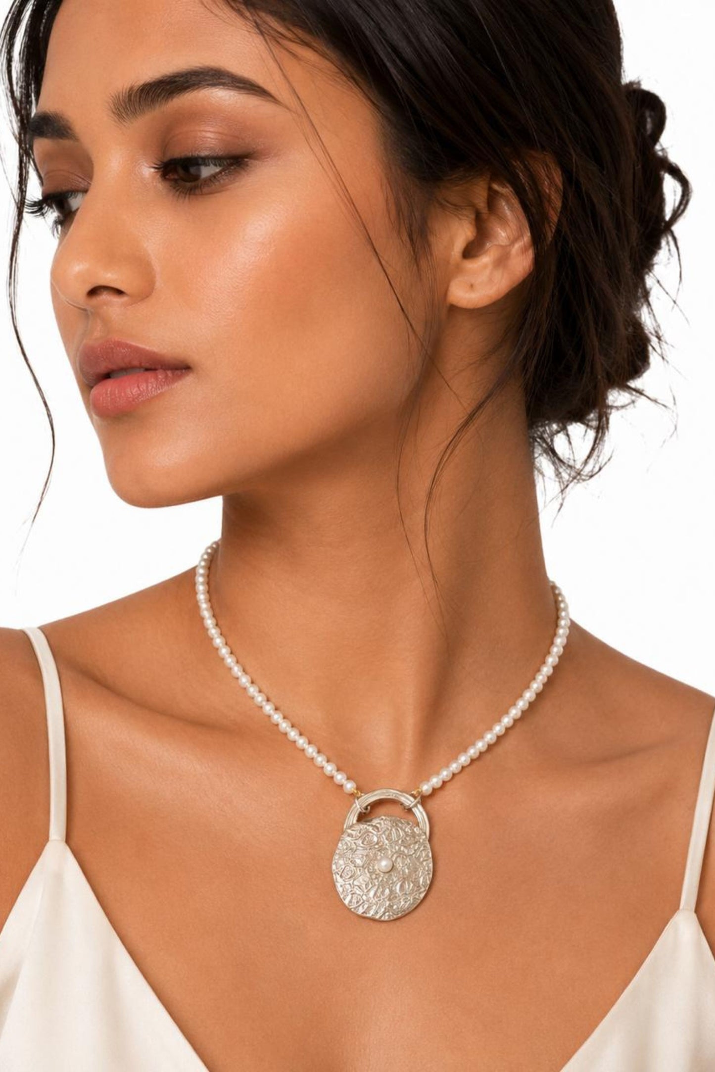 Textured Disc Sterling Silver Necklace with Attached Pearl String