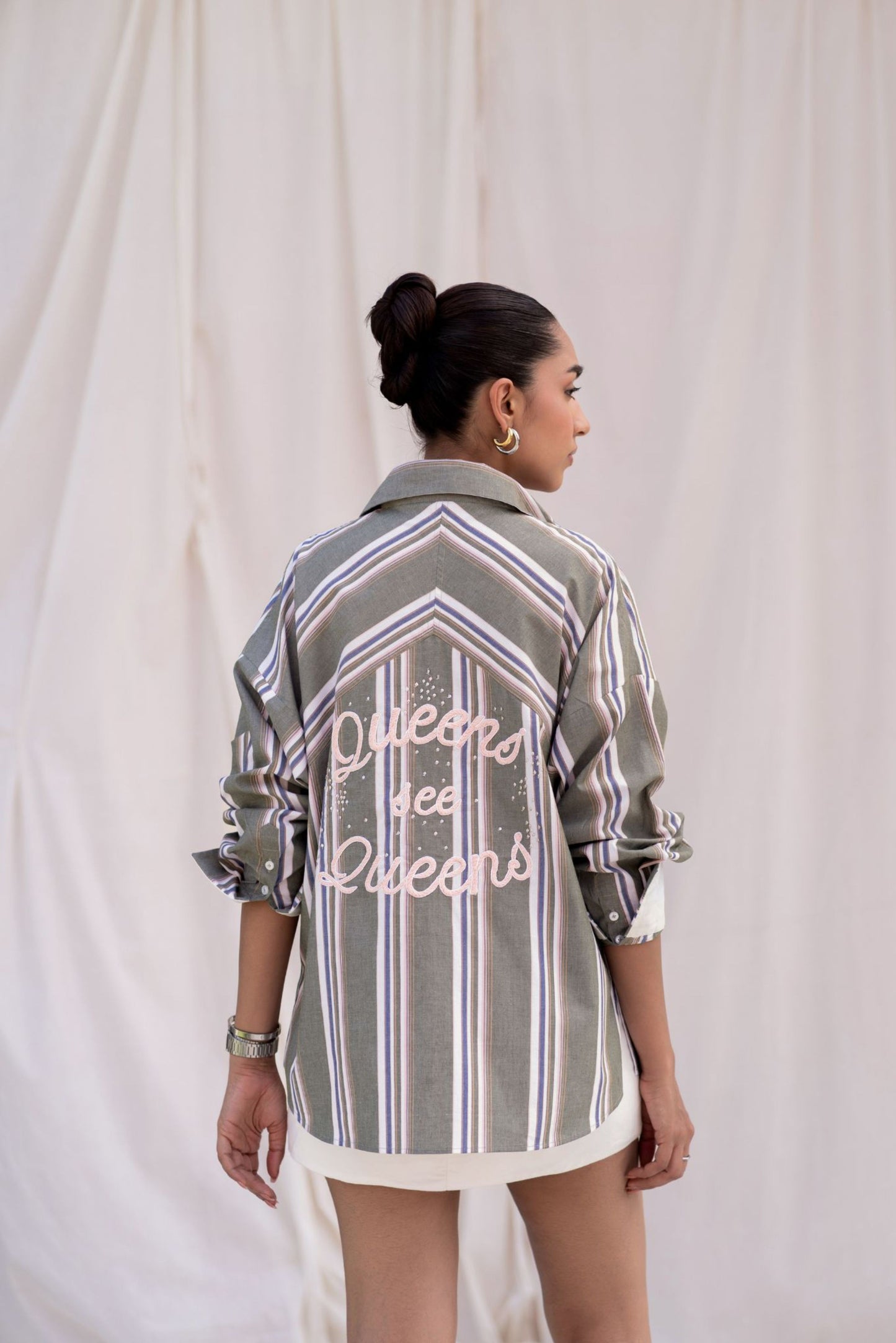 Green Striped Shirt with Back Embroidery