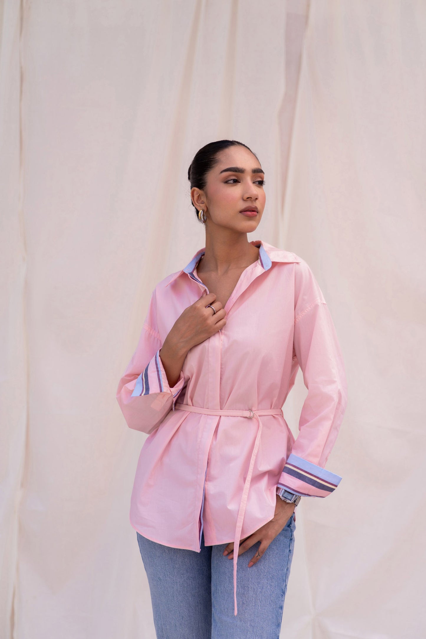 Pink Poplin Shirt with Belt