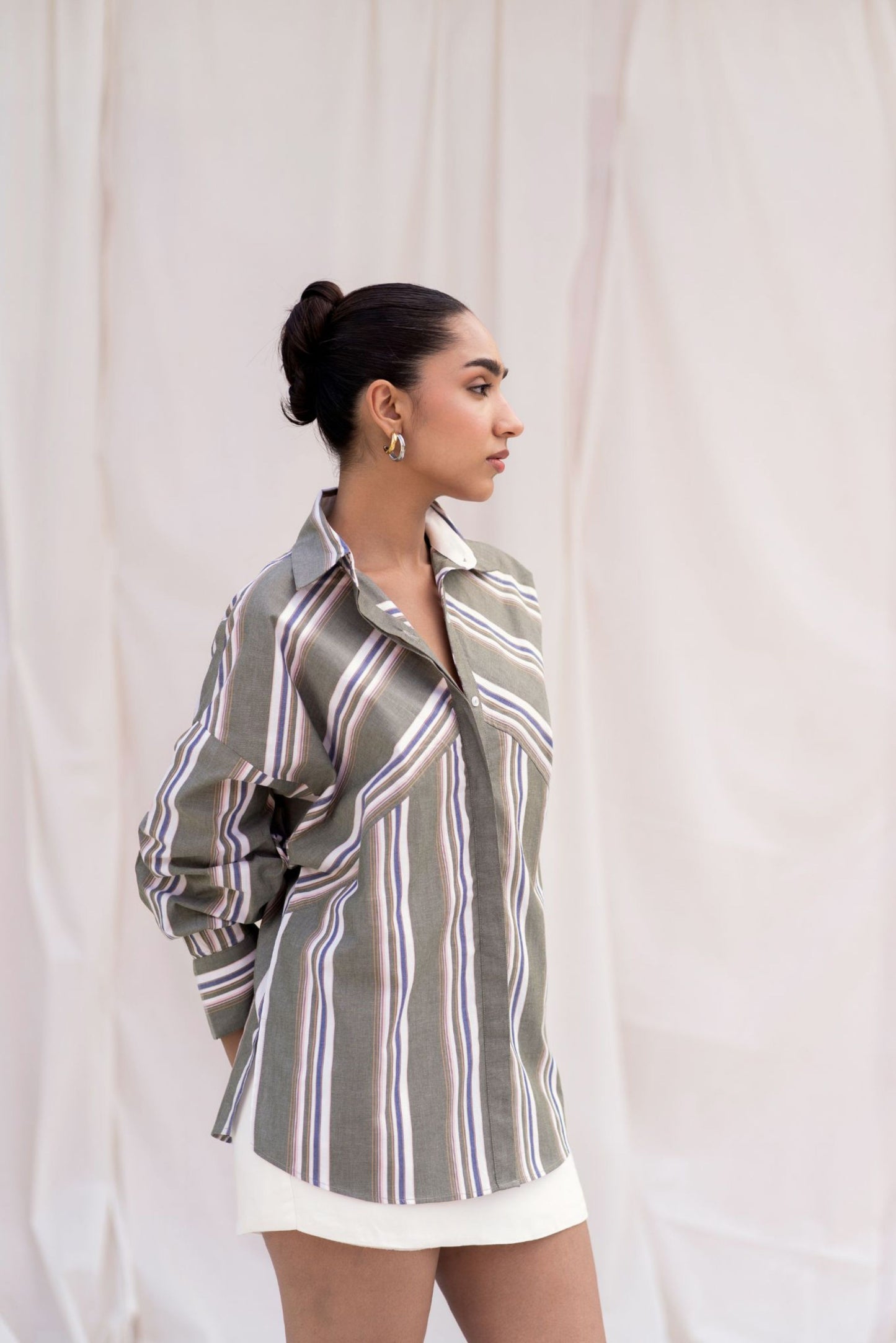 Green Striped Shirt with Back Embroidery