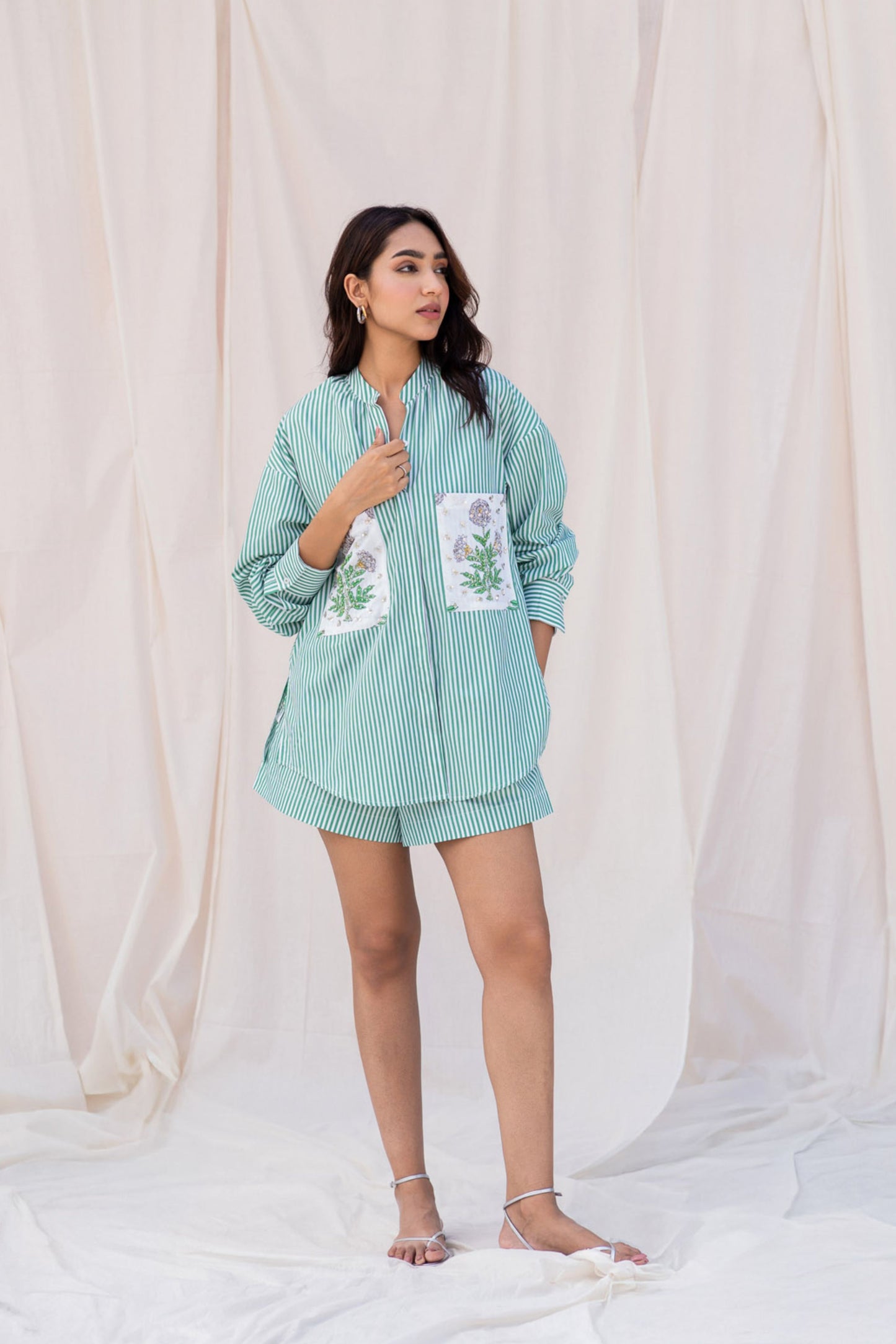 Green Striped Hand Embroidered Shirt