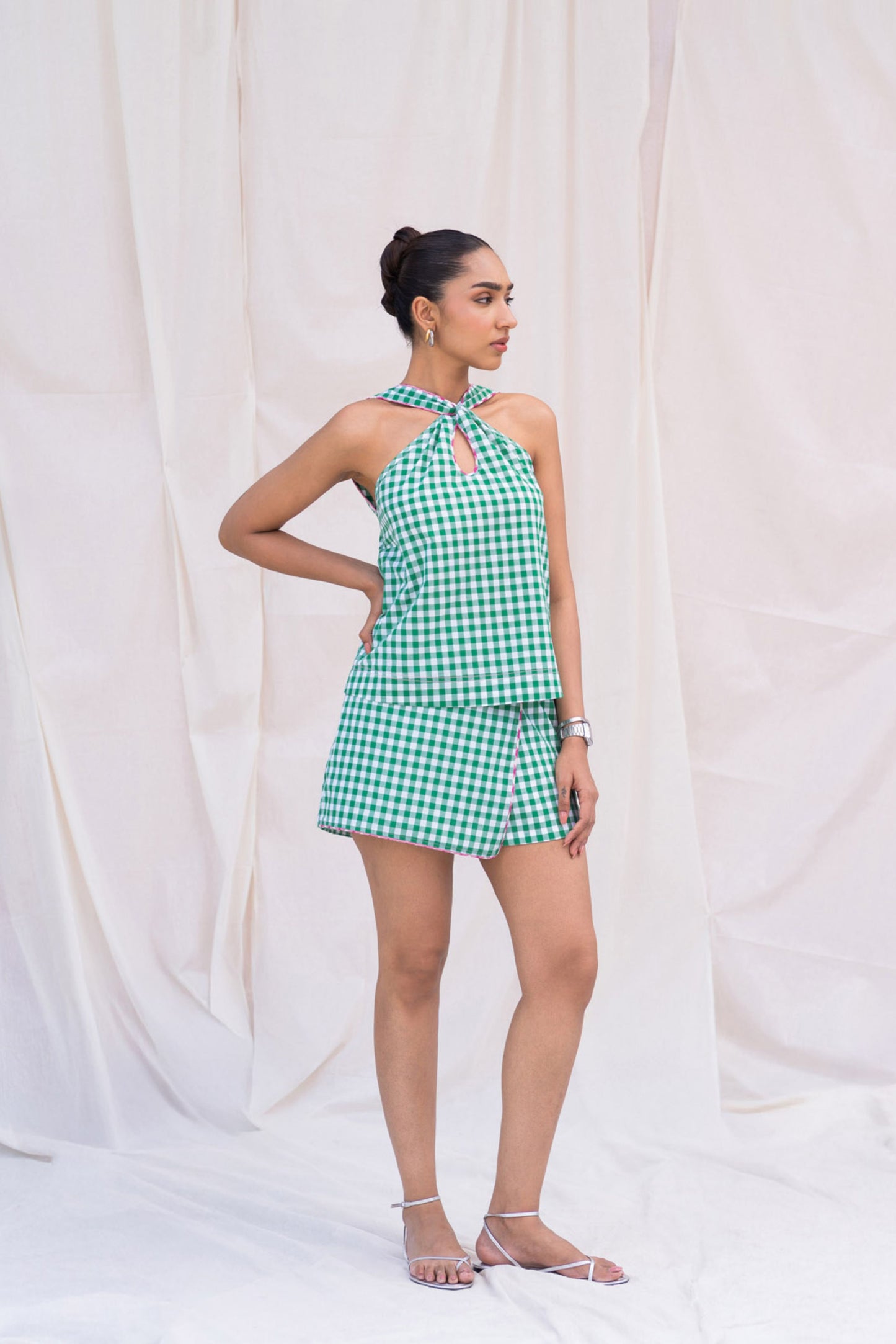 Green Gingham Halter Top with Piping Detail