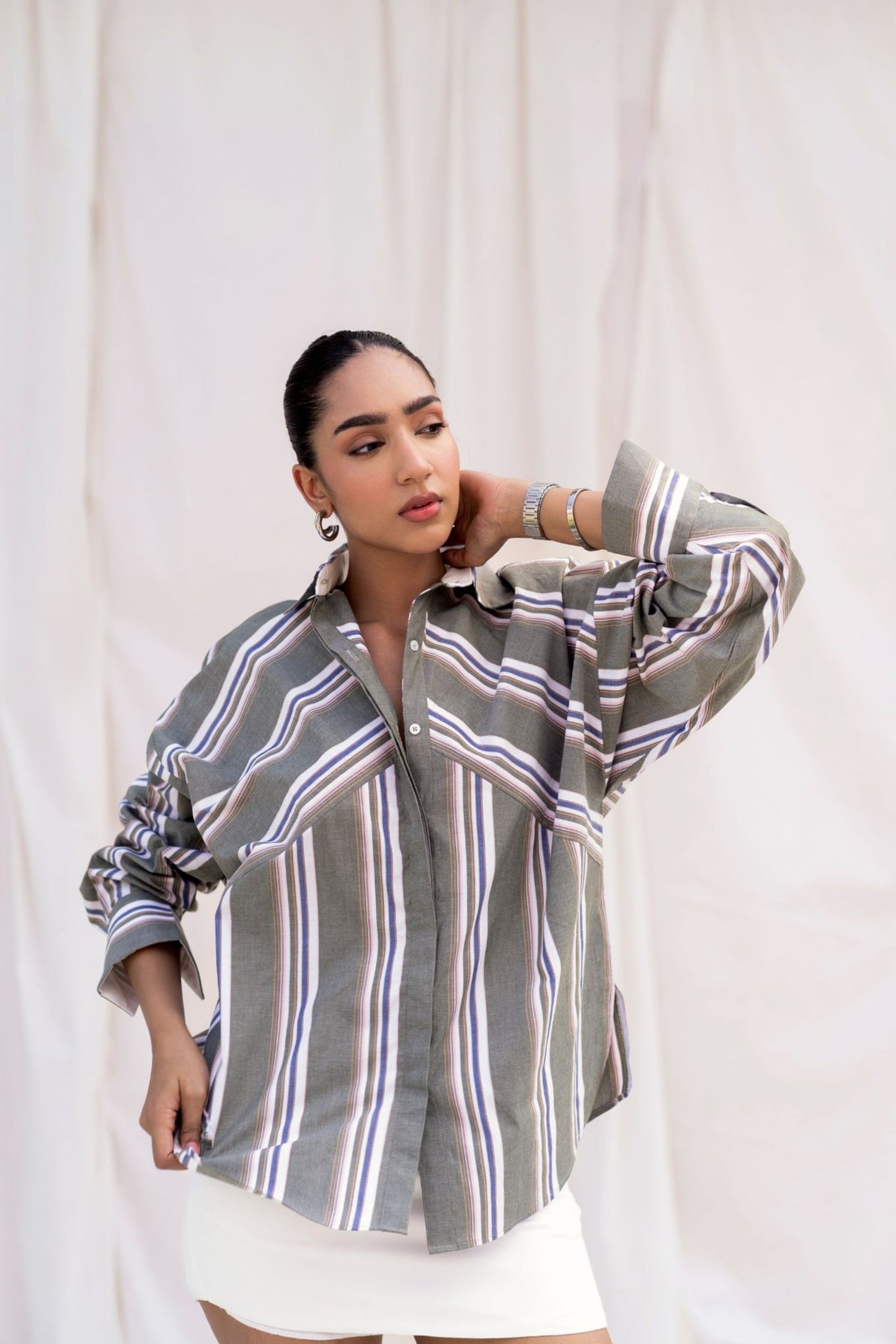 Green Striped Shirt with Back Embroidery