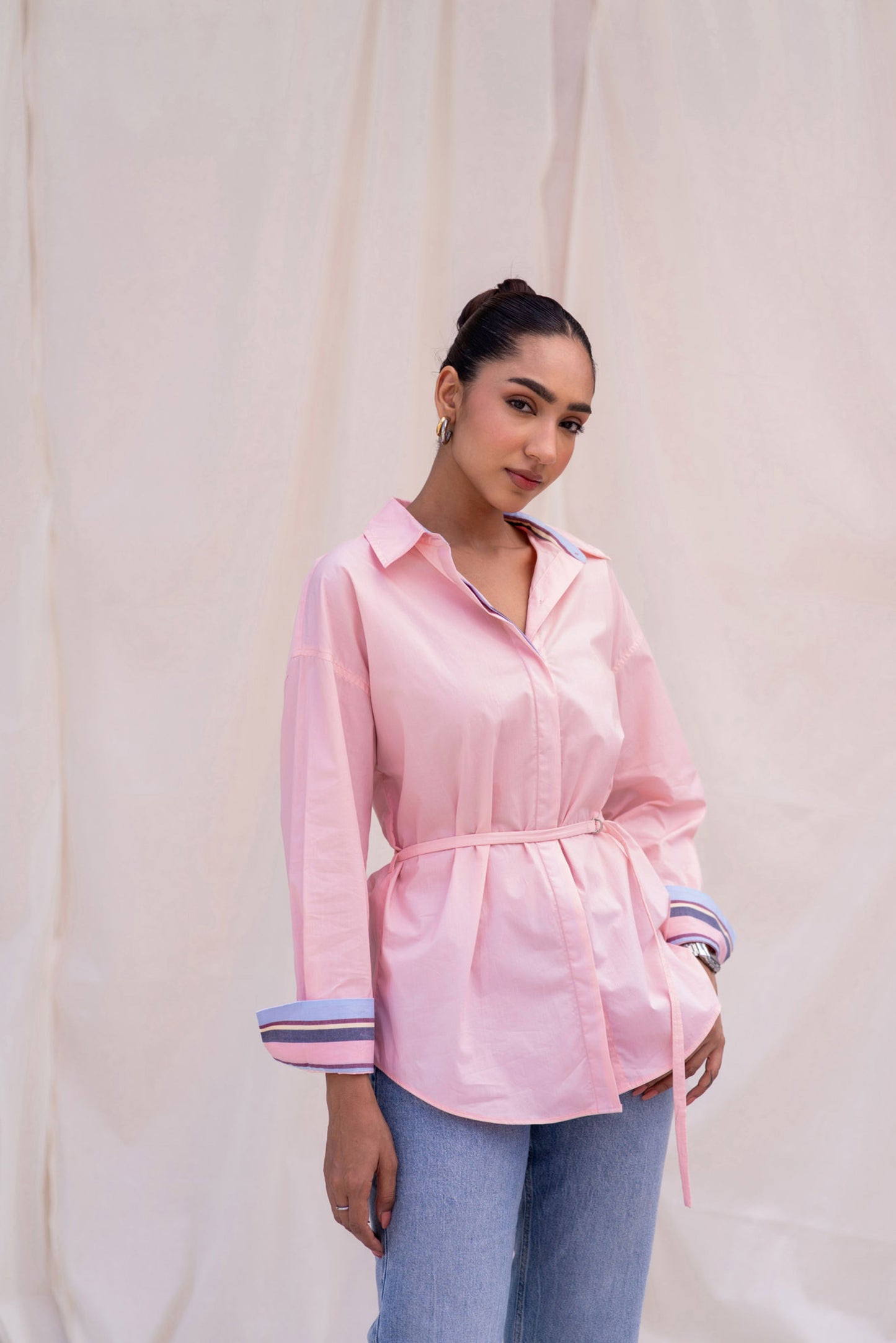 Pink Poplin Shirt with Belt