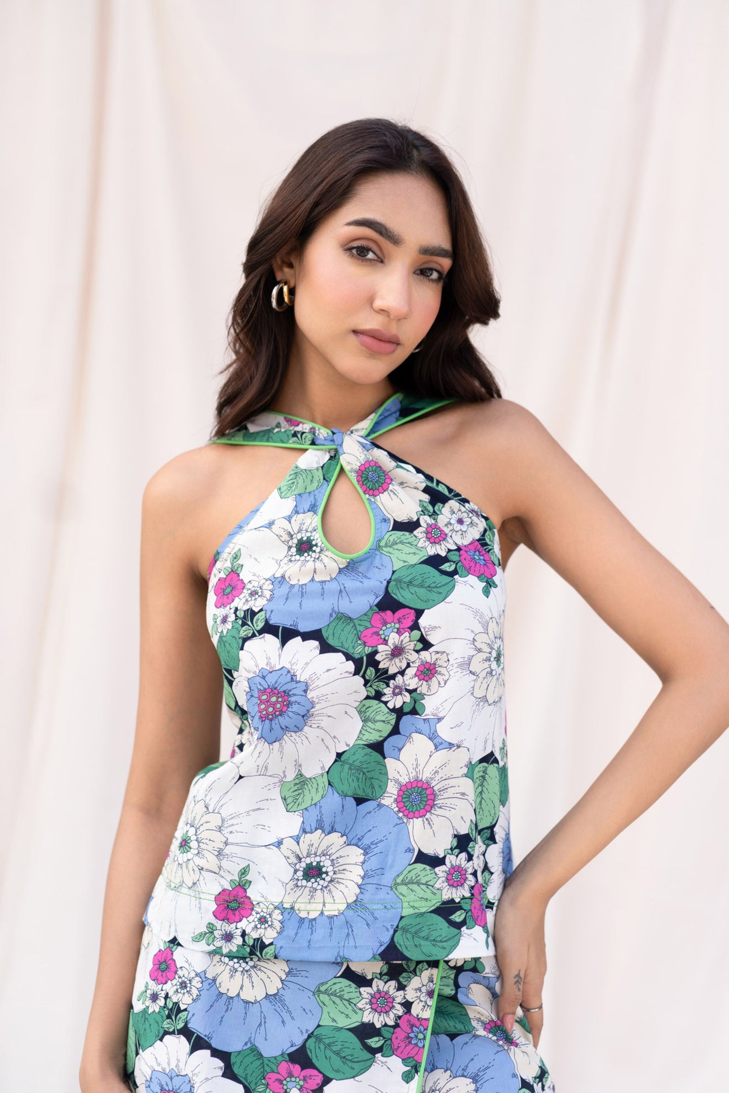 Floral Print Halter Top with Piping Detail
