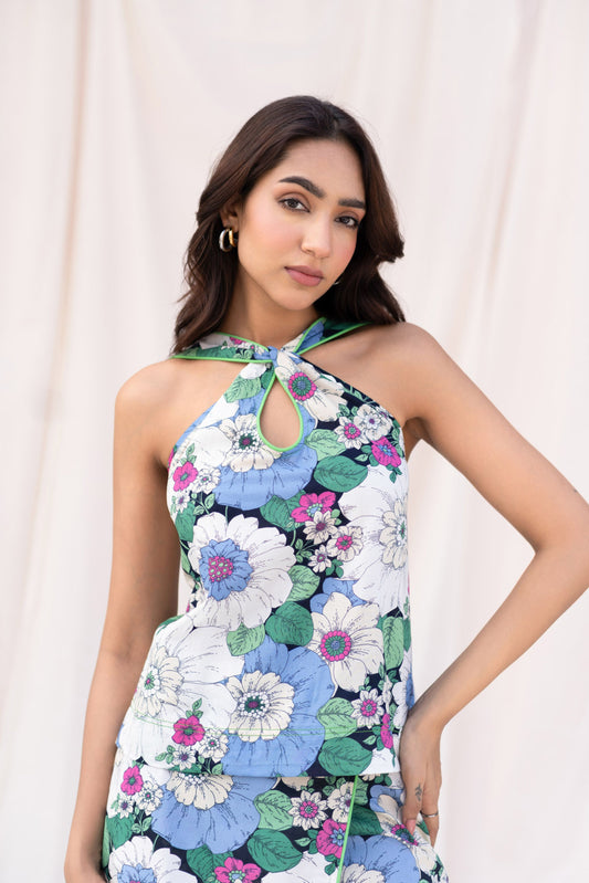 Floral Print Halter Top with Piping Detail