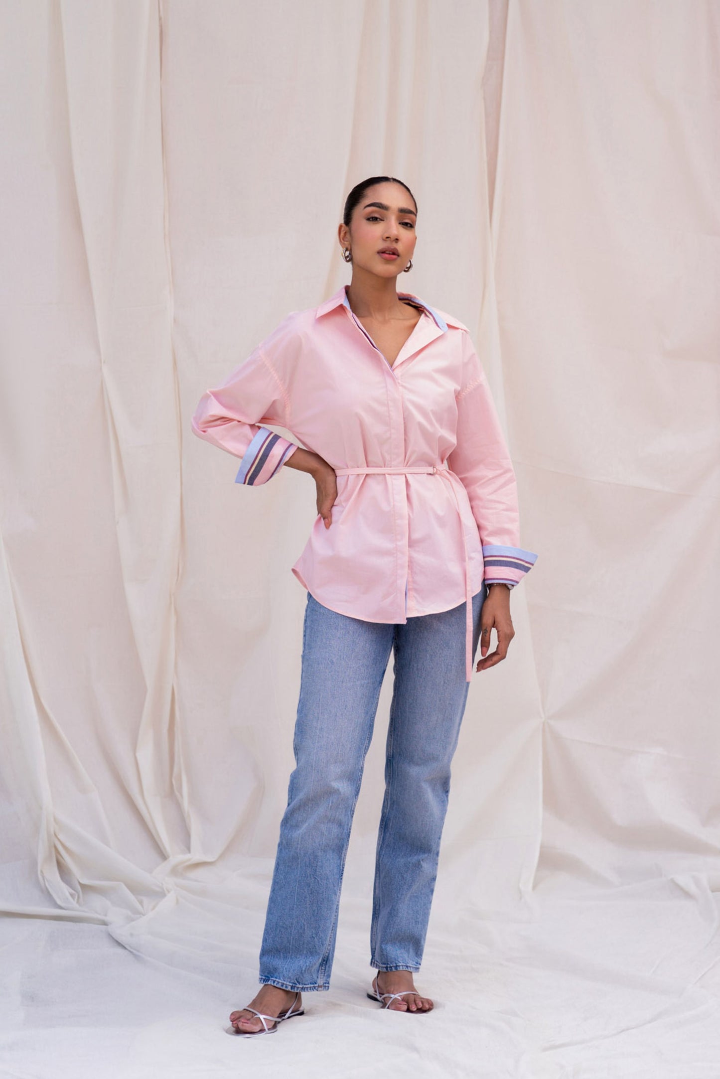 Pink Poplin Shirt with Belt