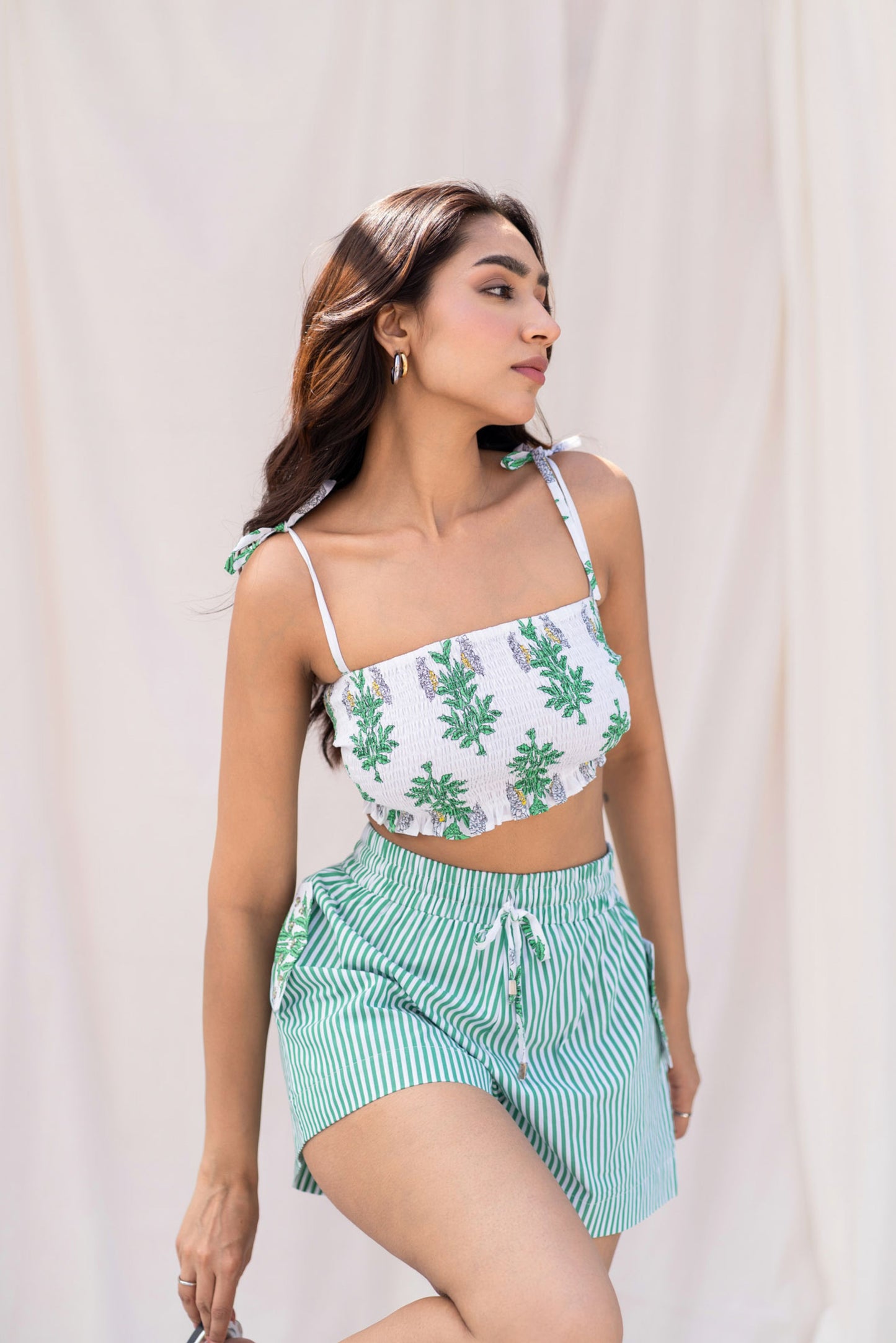 Green Floral Smocked Crop Top