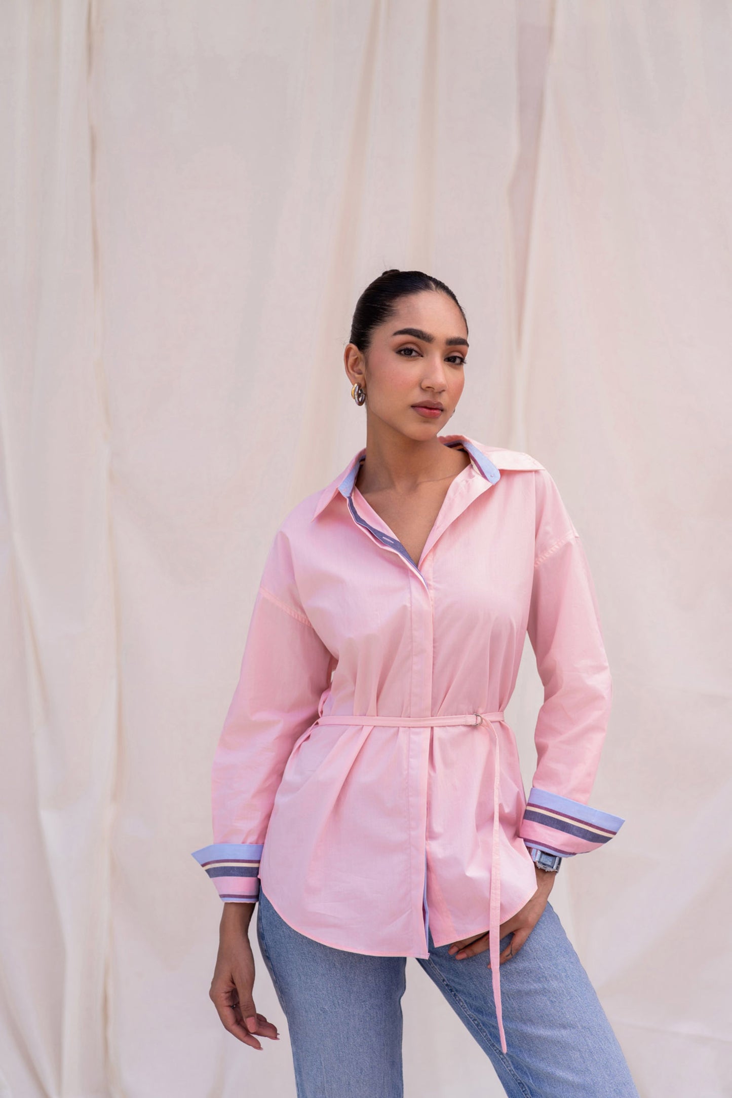 Pink Poplin Shirt with Belt