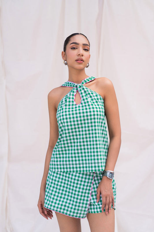 Green Gingham Halter Top with Piping Detail