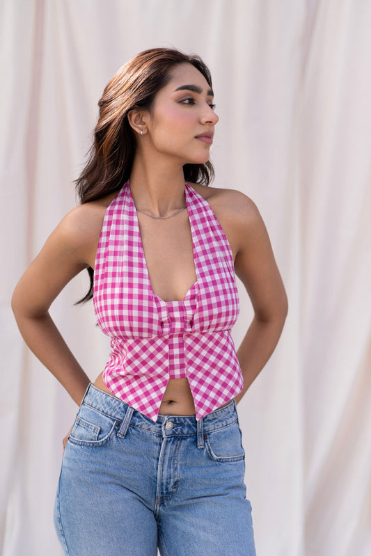 Pink Gingham Halter Corset Top