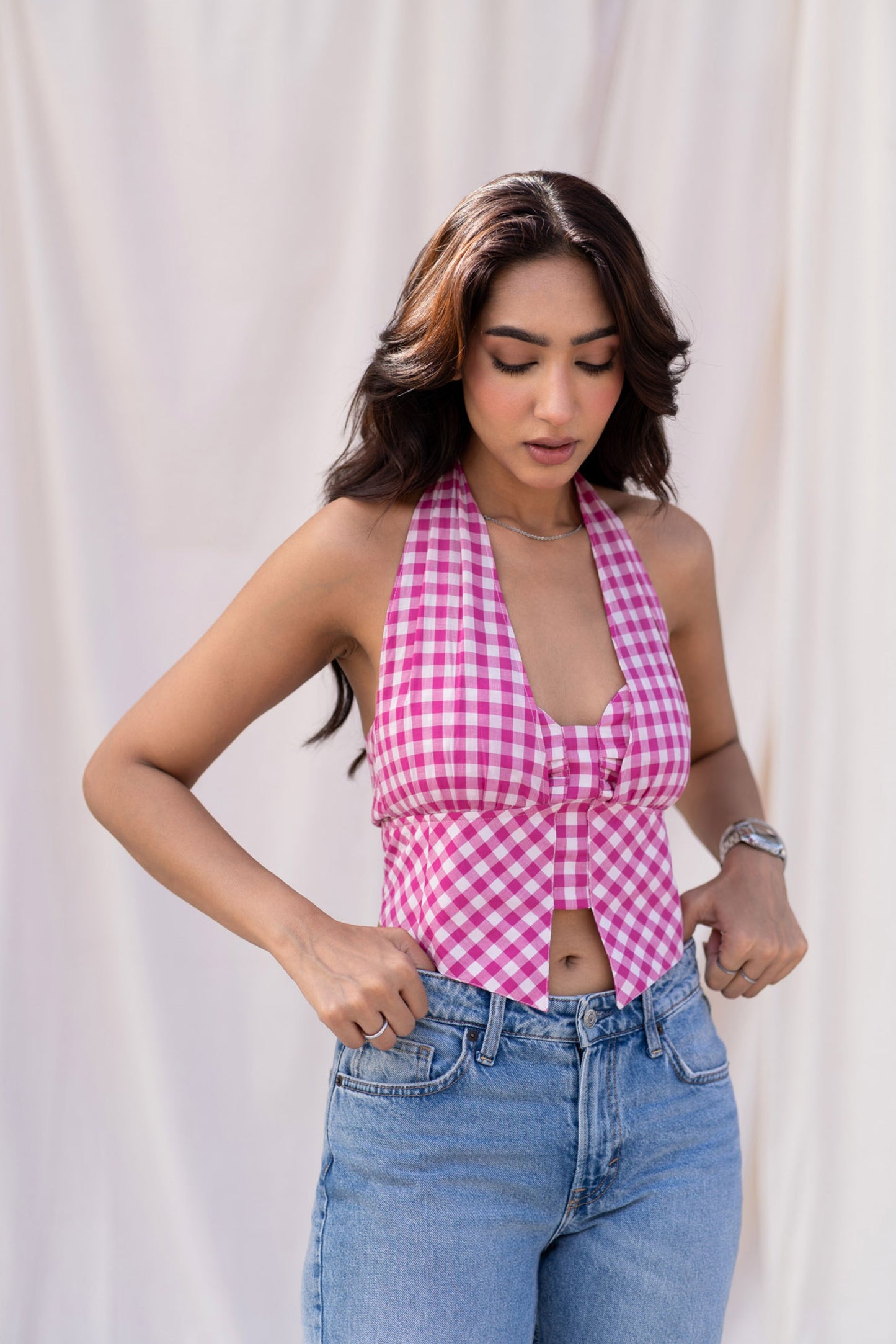 Pink Gingham Halter Corset Top
