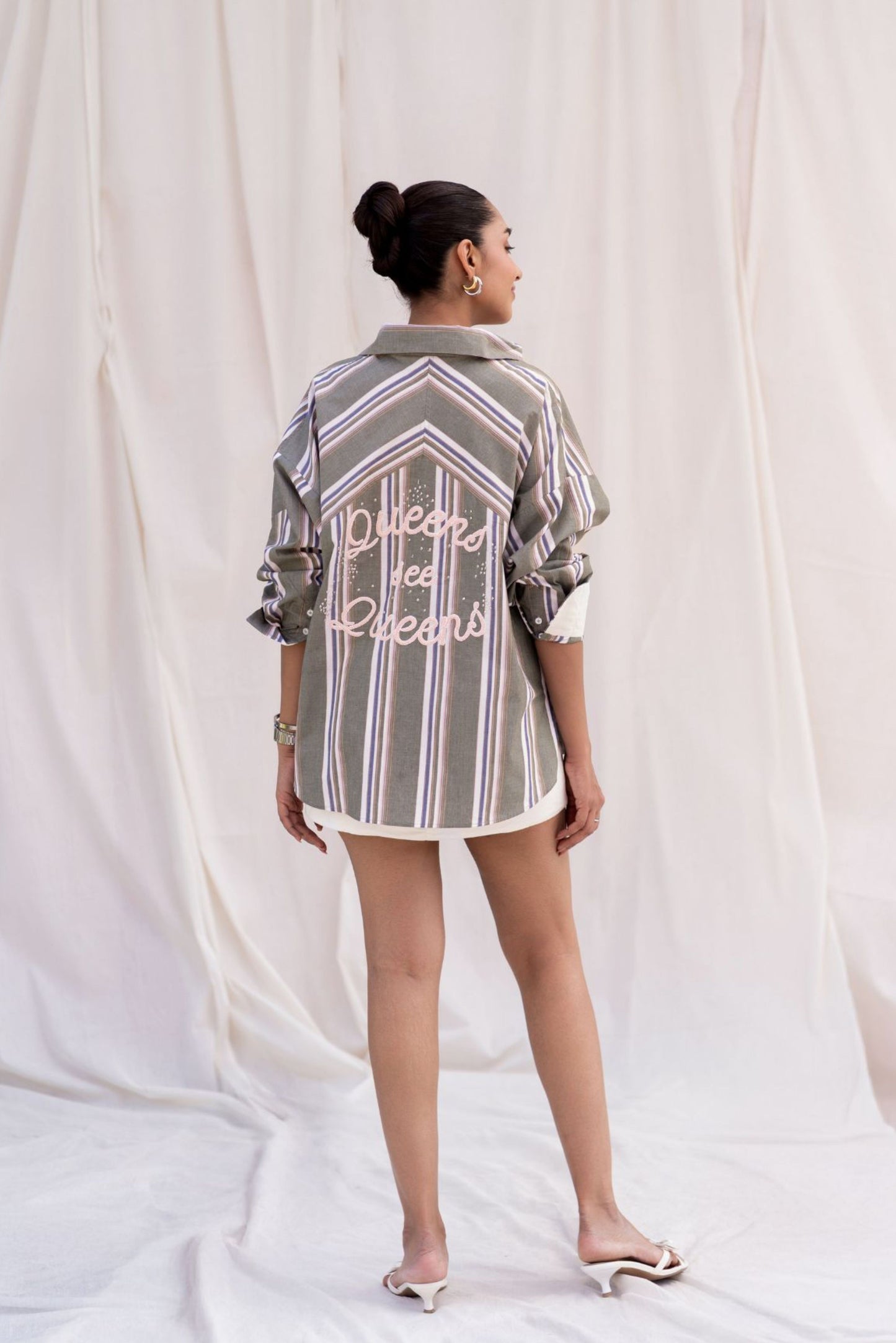 Green Striped Shirt with Back Embroidery