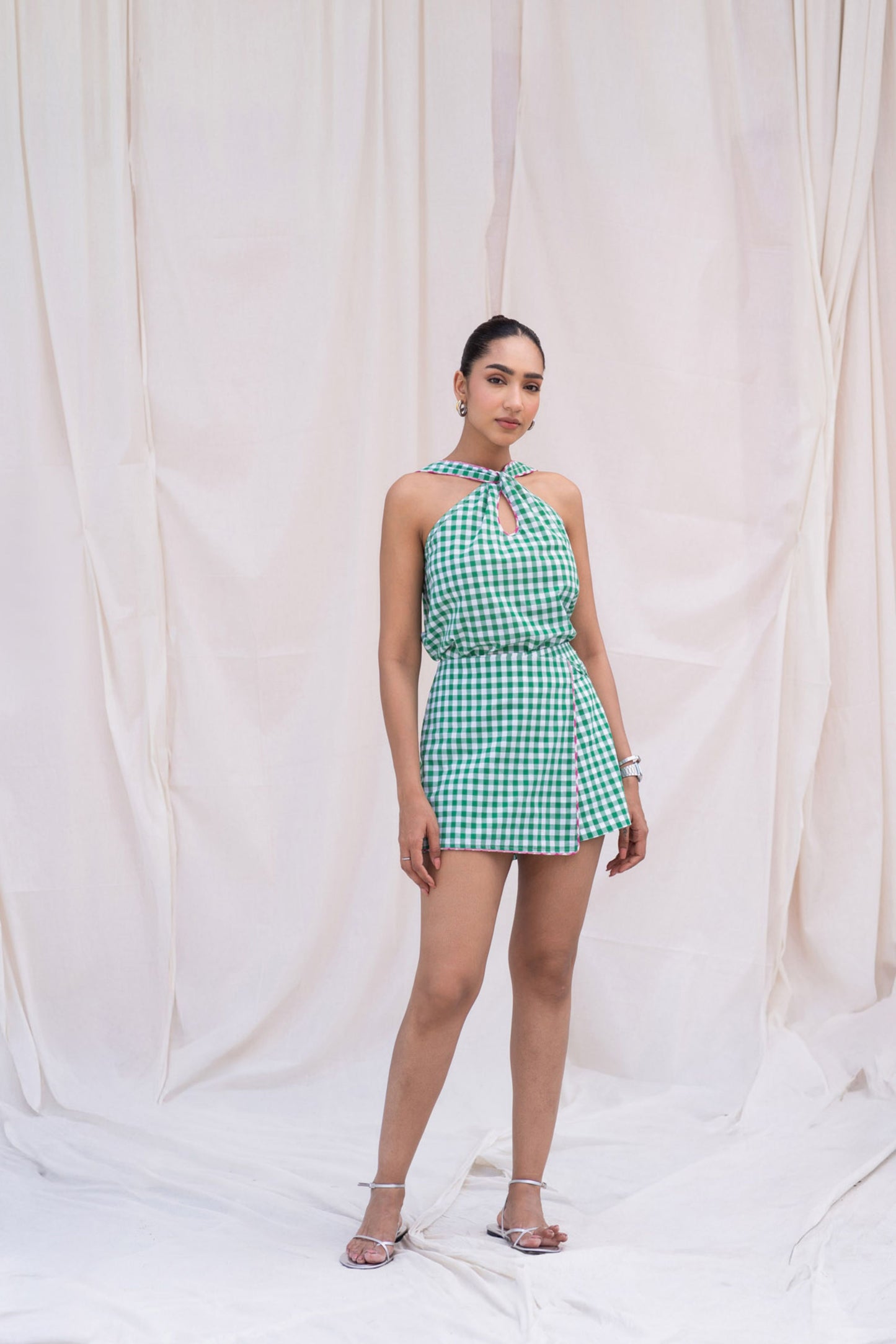 Green Gingham Halter Top with Piping Detail
