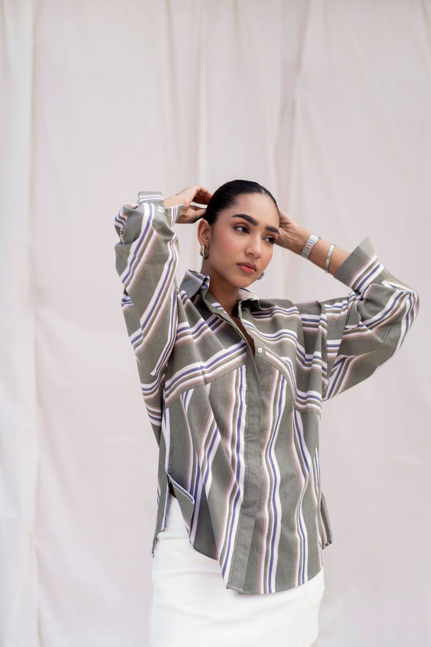 Green Striped Shirt with Back Embroidery