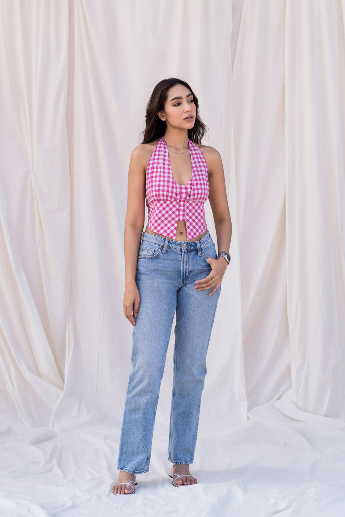 Pink Gingham Halter Corset Top