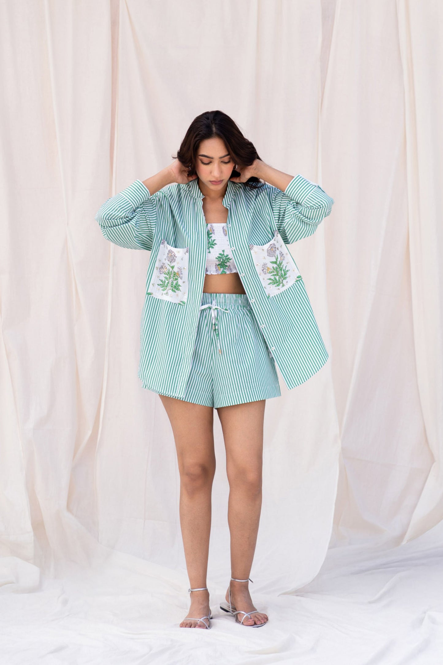 Green Striped Hand Embroidered Shirt