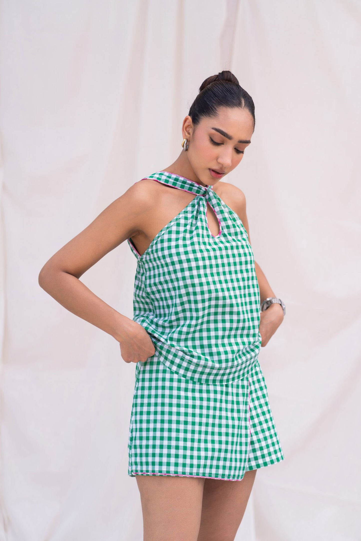 Green Gingham Halter Top with Piping Detail