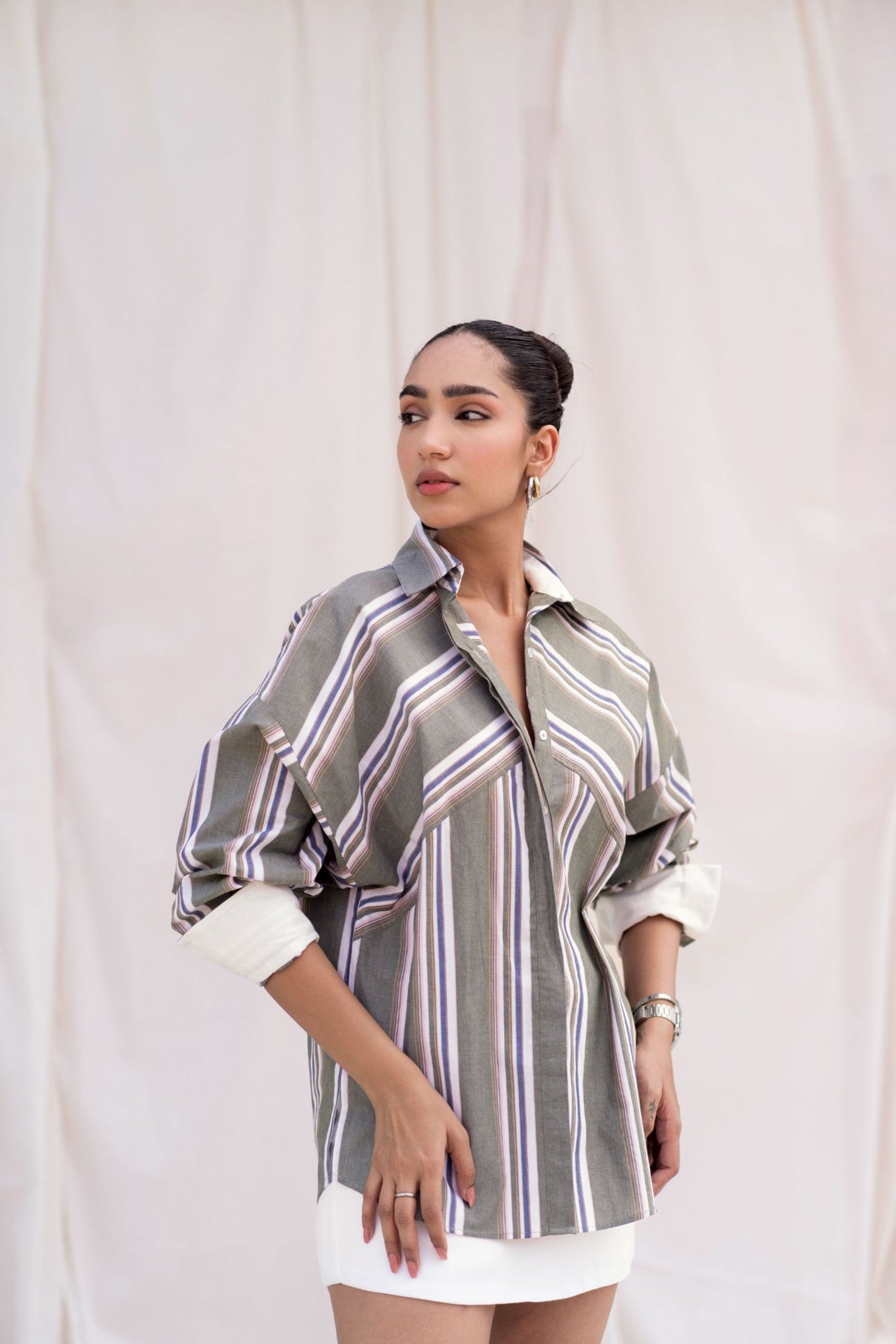 Green Striped Shirt with Back Embroidery