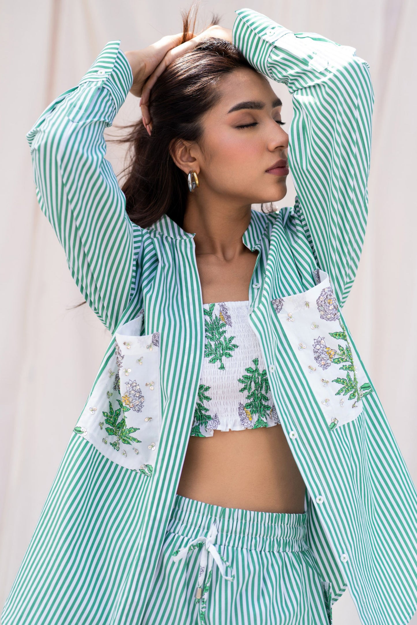 Green Striped Hand Embroidered Shirt