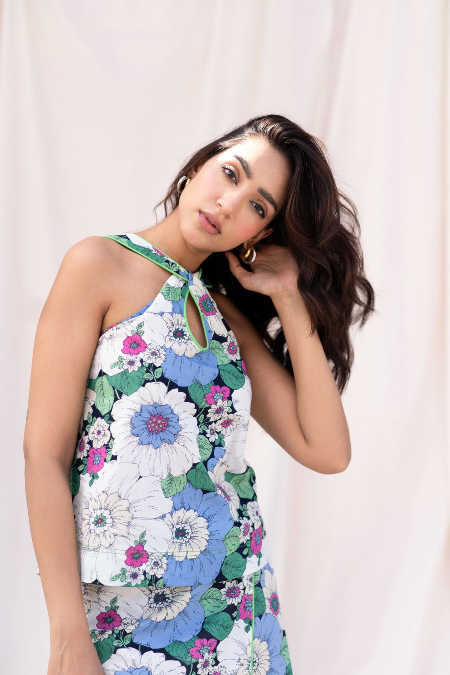 Floral Print Halter Top with Piping Detail
