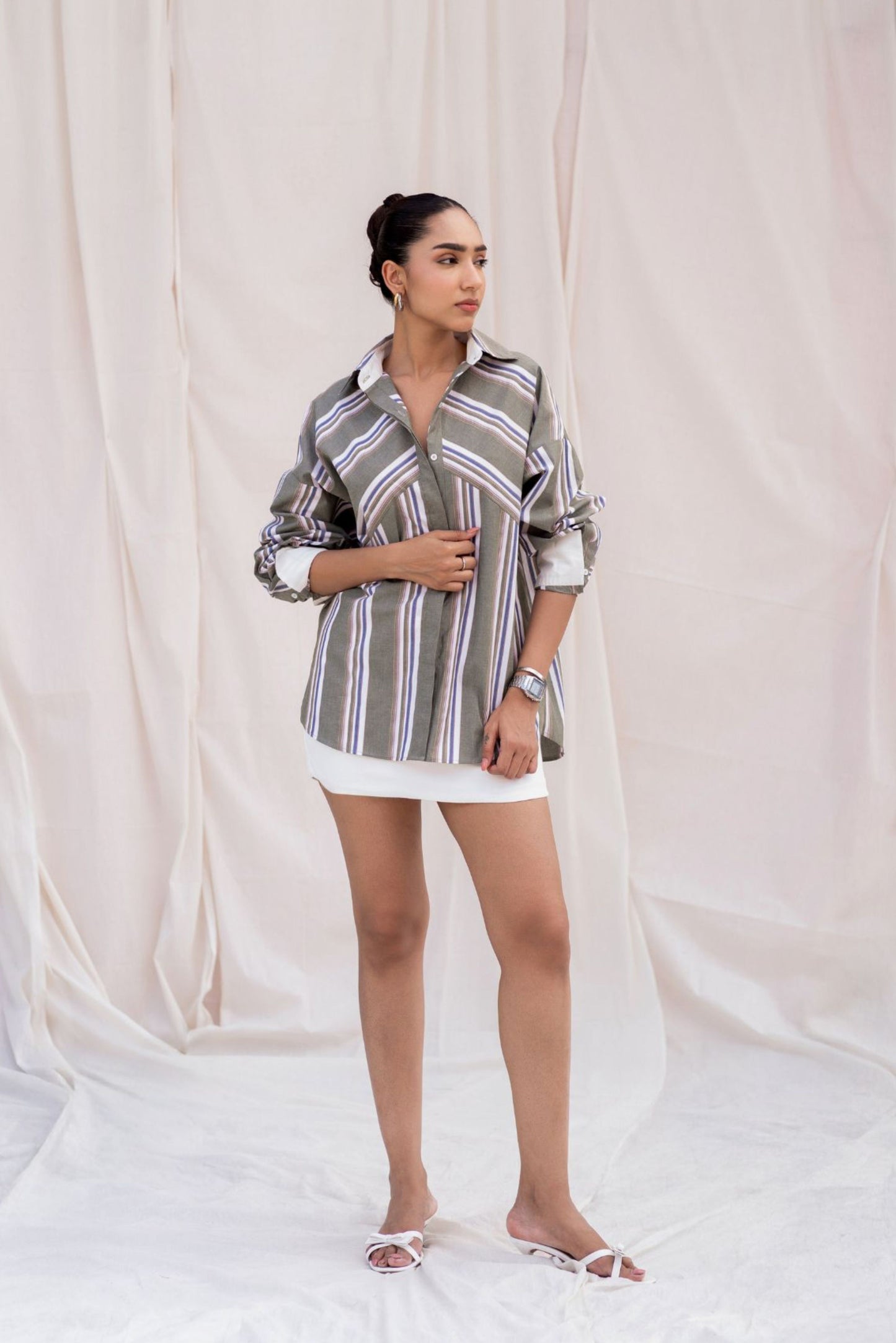 Green Striped Shirt with Back Embroidery