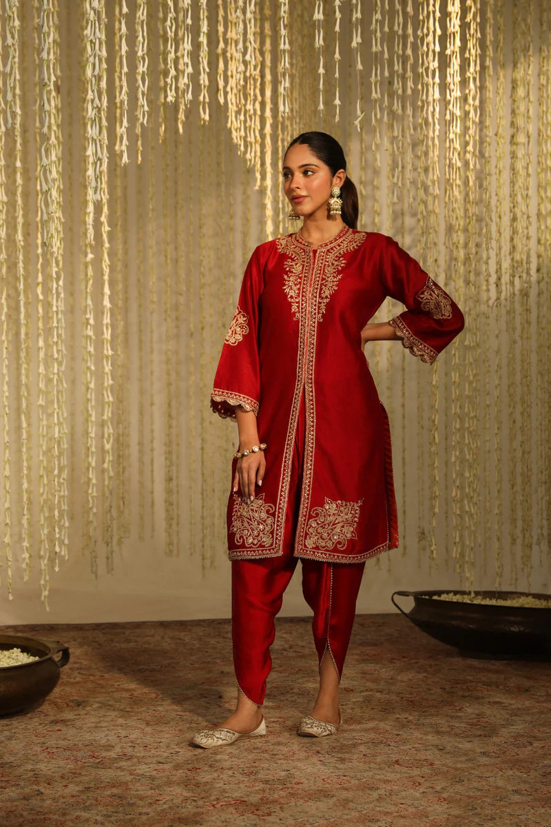 Gulbano Short Kurta with Dhoti - Deep Red