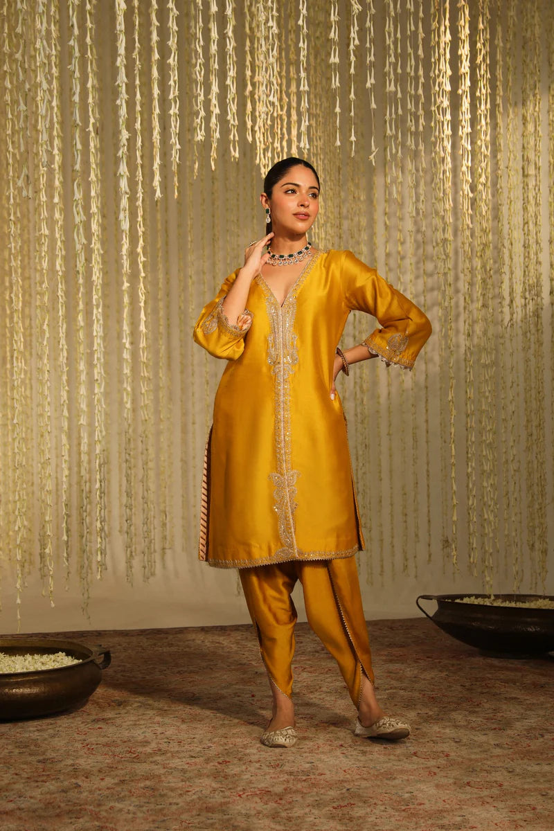 Umrah Long Kurta with Dhoti - Glaze Mustard