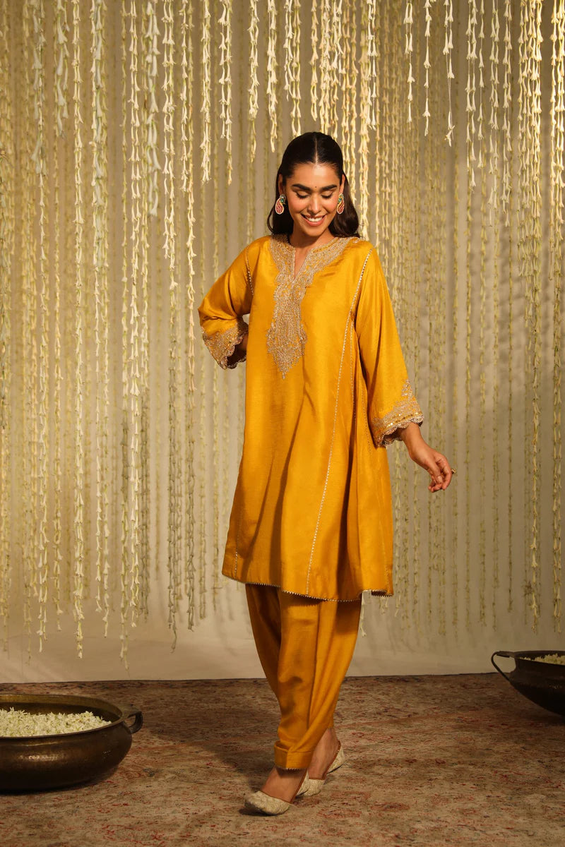 Mehnaaz Short Kurta with Salwar - Glaze Mustard