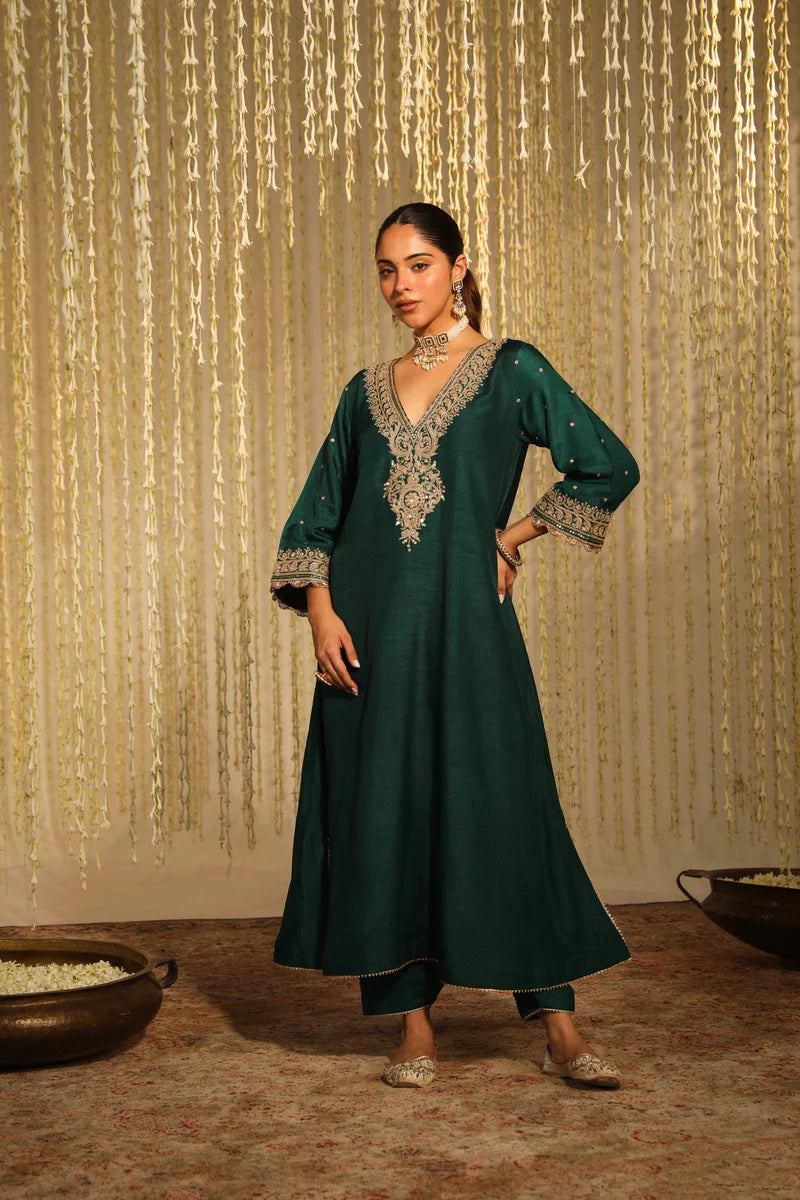 Mysha Long Chauga with Salwar - Emerald Green