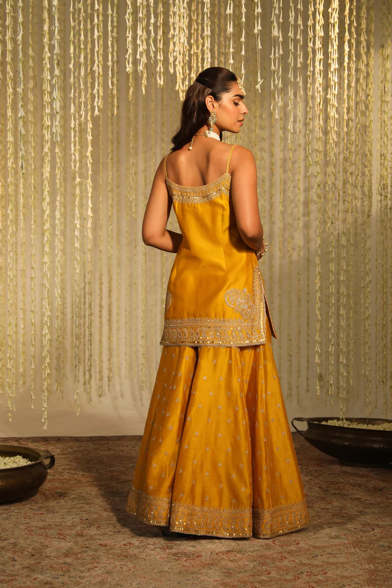 Aabroo Short kurta with sharara and dupatta - Glaze Mustard