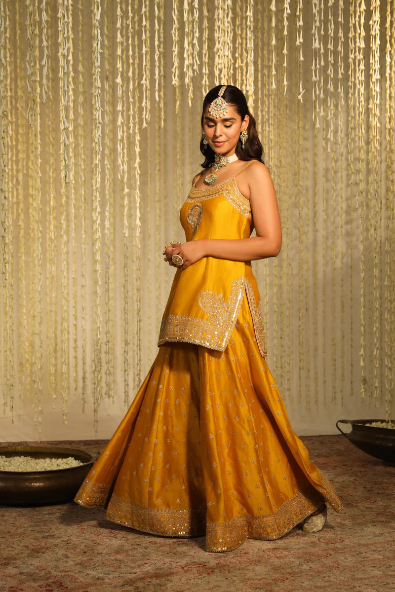 Aabroo Short kurta with sharara and dupatta - Glaze Mustard