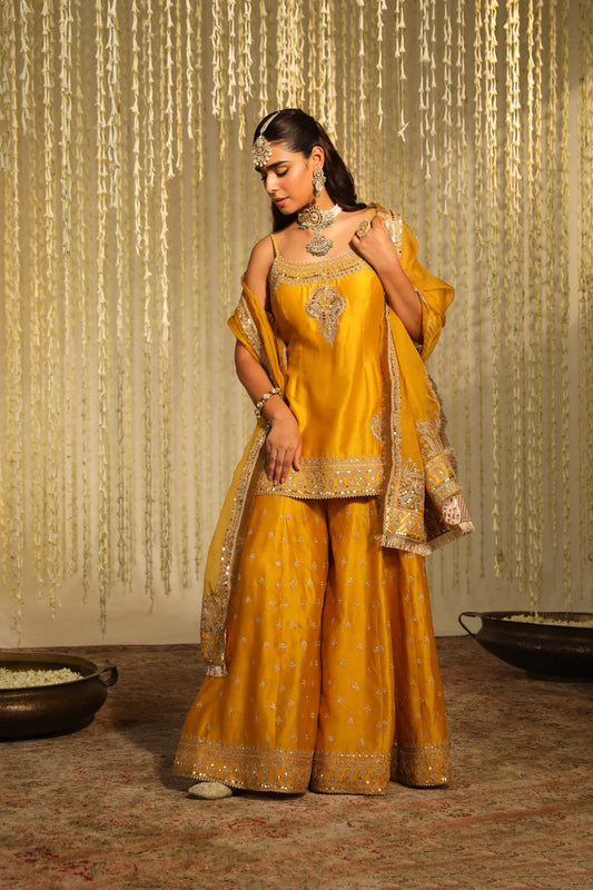 Aabroo Short kurta with sharara and dupatta - Glaze Mustard