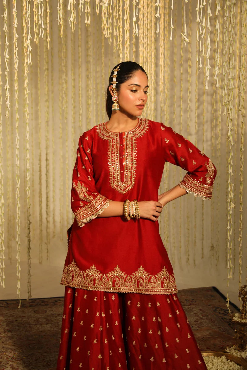 Mishika Kurta with sharara and dupatta - Deep Red