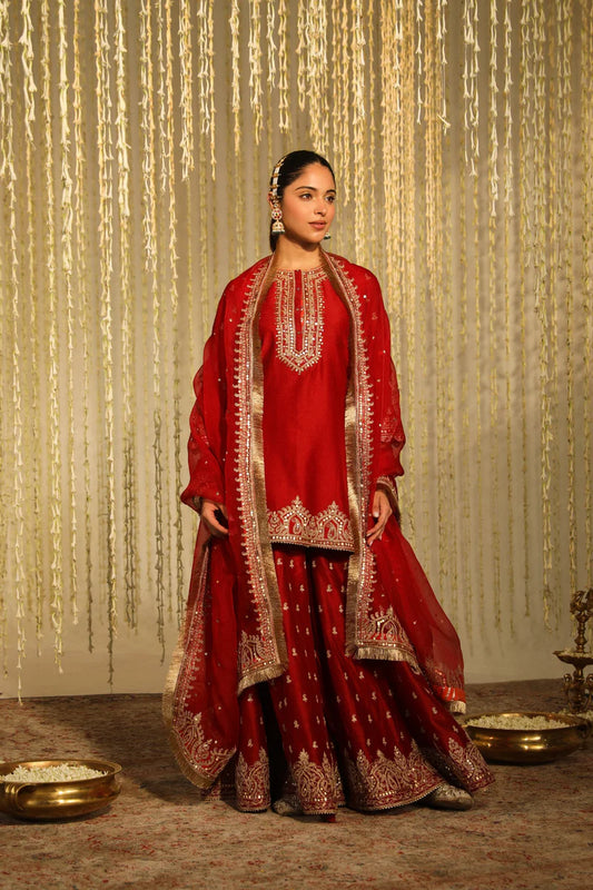 Mishika Kurta with sharara and dupatta - Deep Red