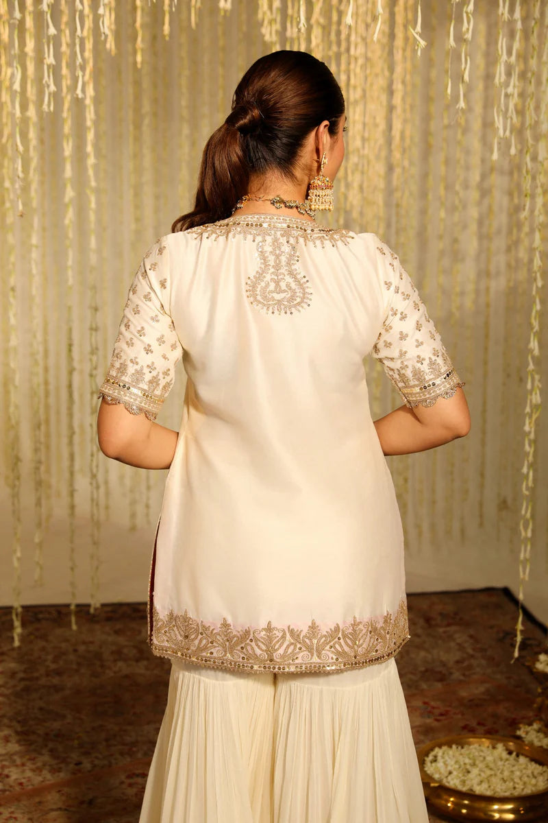 Aaira Short Kurta with Garara and dupatta - Daisy Ivory