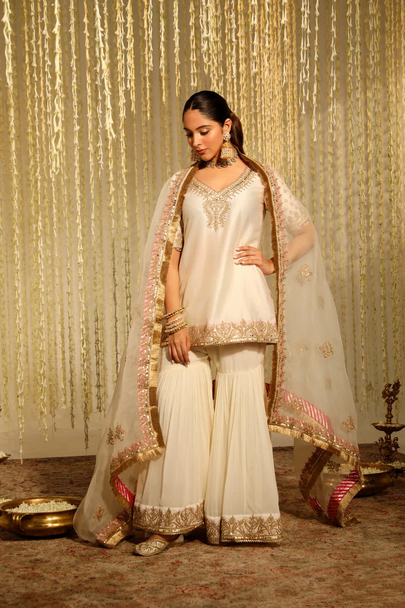 Aaira Short Kurta with Garara and dupatta - Daisy Ivory