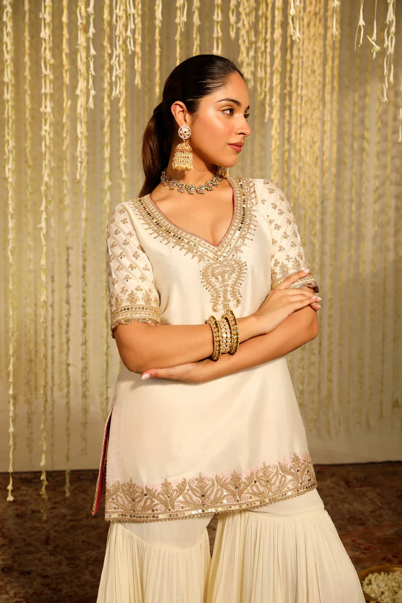 Aaira Short Kurta with Garara and dupatta - Daisy Ivory