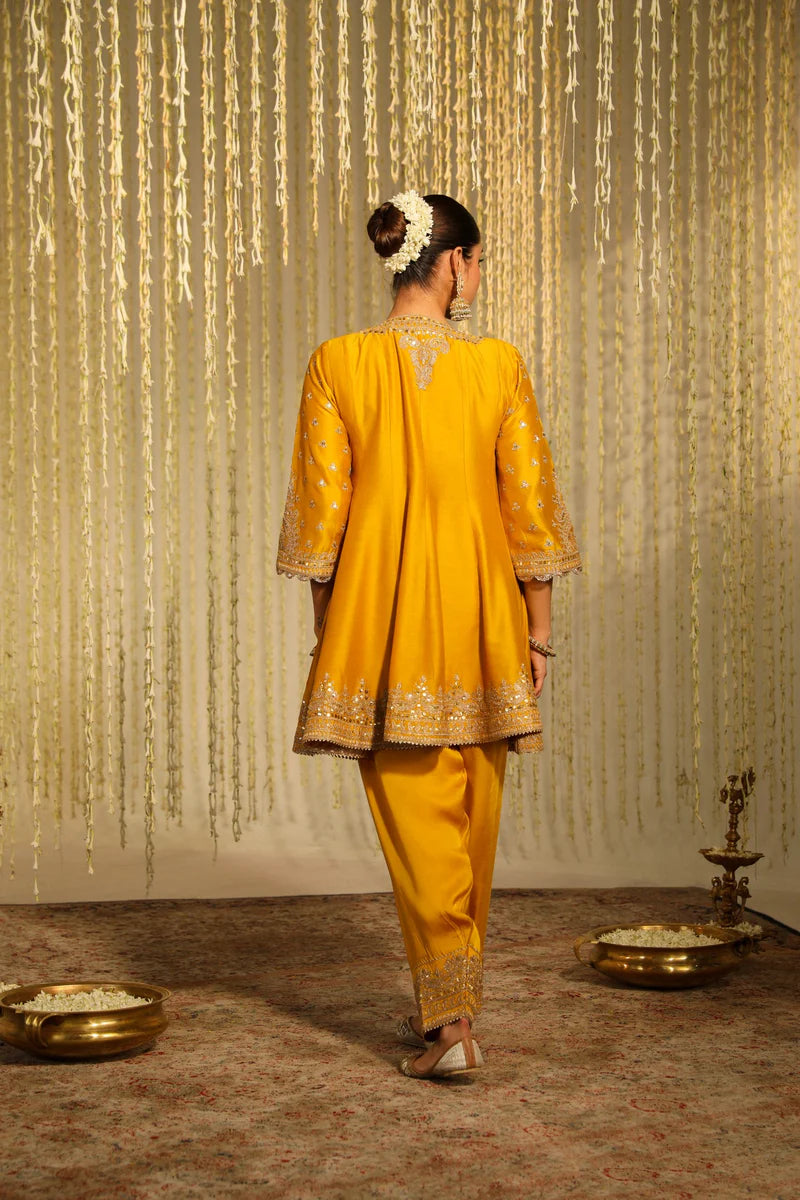 Warizah Short Anarkali with salwar and dupatta - Glaze Mustard