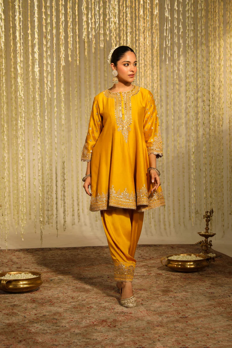 Warizah Short Anarkali with salwar and dupatta - Glaze Mustard