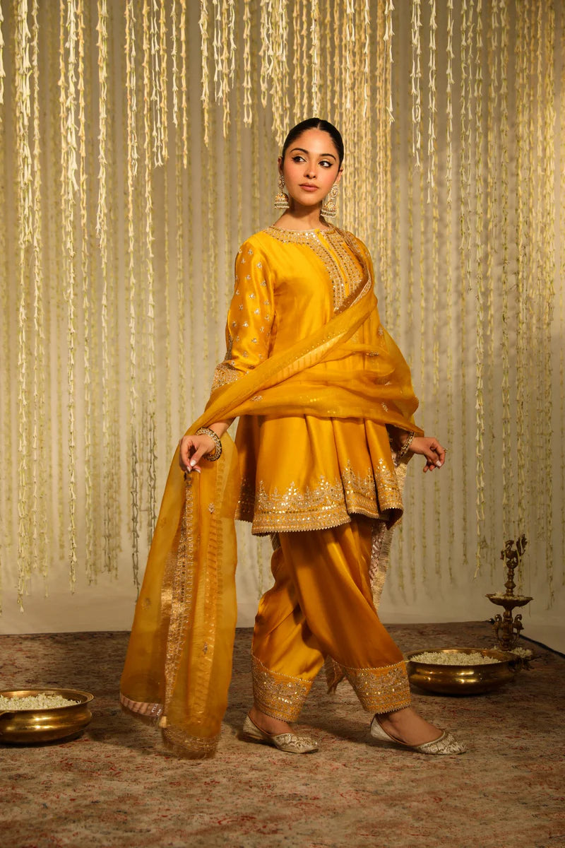 Warizah Short Anarkali with salwar and dupatta - Glaze Mustard