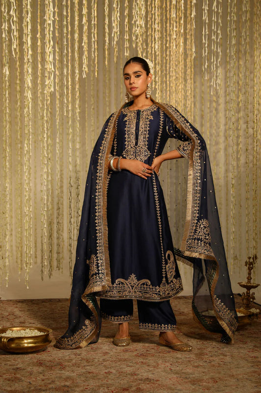 Sabirah Long kurta with salwar and dupatta - Deep Blue