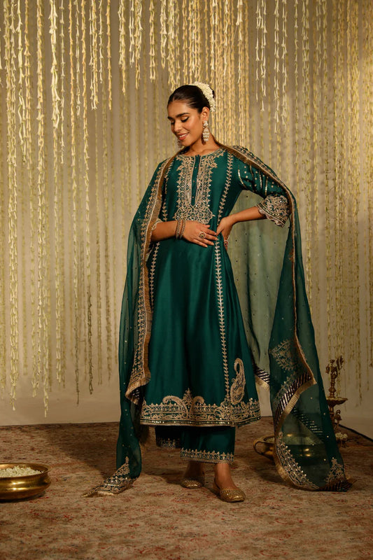 Sabirah Long kurta with salwar and dupatta - Emerald Green